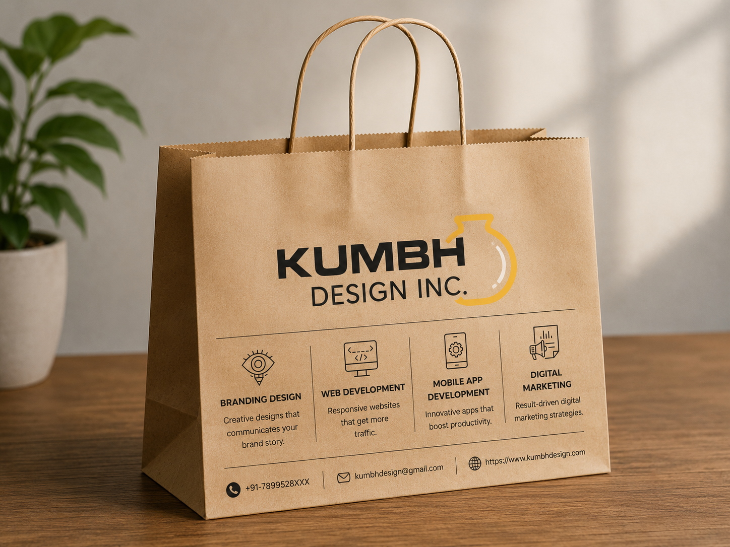 Kumbh Design Inc branded kraft paper shopping bag with service details